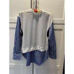 Burani Blue Stripe Spliced Jersey White Casual Long Sleeve Shirt Women’s S
